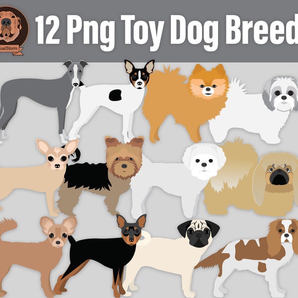 Digital Toy Dog Race Clipart - Debout King Charles, Chihuahua, Pomeranian, Yorkshire Terrier, Carlin, Maltais, Pékinois, Shih Tzu, Min Pin