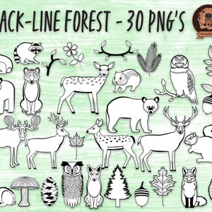 black and white woodland animals clipart bundle