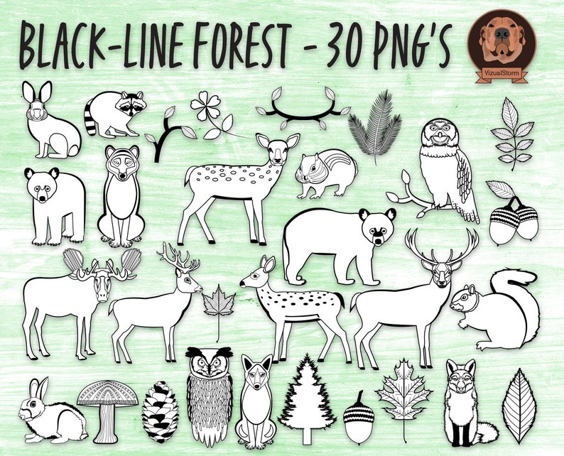 black and white woodland animals clipart bundle