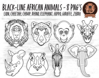 Black-Line African Animal Faces Png - Black and White Wildlife Head Outlines for Coloring, Planners or Wildlife Crafts, Safari Clip Art