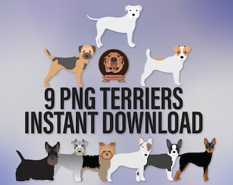 Terrier Dog Breed Clipart Bundle - PNG Animals for Pet Parent Crafts, Standing Pose, Miniature Schnauzer, White Staffordshire, Jack Russel