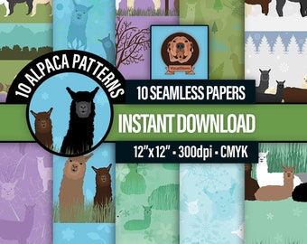 Seamless Digital Alpacas Patterned Papers - Farm Scrapbooking, Winter, Summer, Spring and Fall Season Patterns, Printable Alpaca in Nature