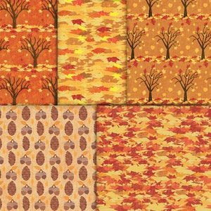 Printable Fall Foliage Patterned Paper Tree and Leaf Digital Papers with Falling Leaves, Acorns and Pinecones, Autumn Wooded Scrapbooking image 2