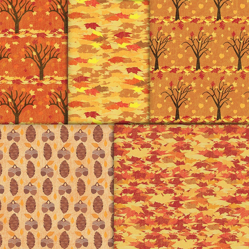 Printable Fall Foliage Patterned Paper Tree and Leaf Digital Papers with Falling Leaves, Acorns and Pinecones, Autumn Wooded Scrapbooking image 2