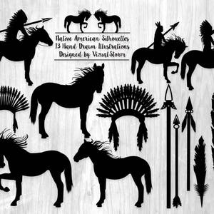 American Indian Silhouettes with Horses, Spears, Headdress and Feathers Indians Riding Horses Tribal Scrapbooking Collage Sheet Included image 2