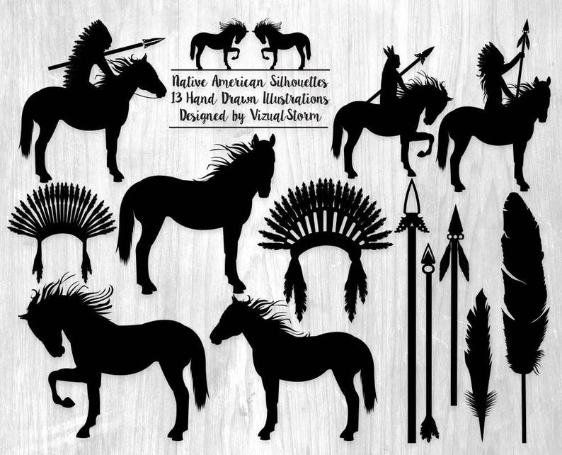 American Indian Silhouettes with Horses, Spears, Headdress and Feathers Indians Riding Horses Tribal Scrapbooking Collage Sheet Included image 2
