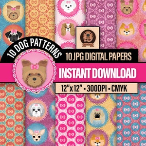 May include: Ten digital paper patterns featuring different dog breeds with pink bows. Each pattern is 12 inches by 12 inches and 300 DPI. The patterns are in a digital download format.