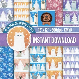 May include: Ten digital papers featuring winter cat designs. Each paper is 12 inches by 12 inches and has a different cat breed and color. The papers have a watercolor effect and feature snowflakes and pine trees.