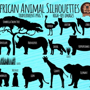 African animals silhouettes png clipart bundle with plants and animals including an Umbrella Tree and Grass