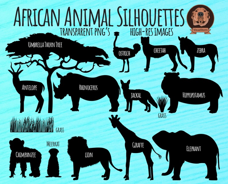 African animals silhouettes png clipart bundle with plants and animals including an Umbrella Tree and Grass