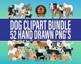 Könnte beinhalten: Ein digitales Clipart-Paket mit 52 handgezeichneten Hundeillustrationen in verschiedenen Rassen und Posen. Die Hunde sind im Cartoon-Stil mit leuchtenden Farben und einfachen Details dargestellt. Das Bild enthält den Text "DOG CLIPART BUNDLE 52 HAND DRAWN PNG'S".
