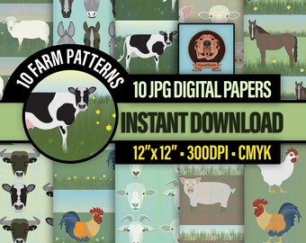 Farm Animals Digital Paper - Printable Vegan Craft Patterns, Scenic Grasslands and Meadows, Farming Life Scrapbooking, Barnyard Designs