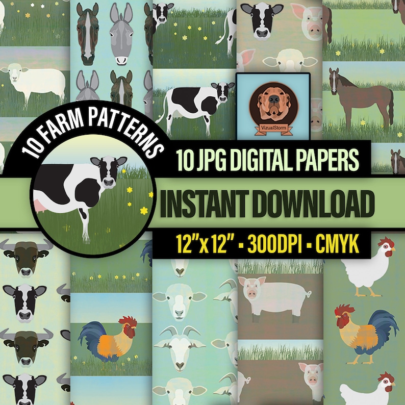 Farm Animals Digital Paper Printable Vegan Craft Patterns, Scenic Grasslands and Meadows, Farming Life Scrapbooking, Barnyard Designs image 1