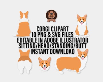 Clipart Pembroke Welsh Corgi - SVG et PNG vecteur races de chiens dans diverses poses, tête d'animal de compagnie, cul de corgi, parfait pour la fabrication de cartes et la conception Cricut