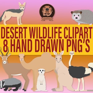 Bundle de cliparts de la faune du désert - Illustrations d'animaux PNG, clipart habitat aride pour projets nature bricolage, kangourou, hérisson, blaireau et plus