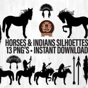 American Indian Silhouettes with Horses, Spears, Headdress and Feathers Indians Riding Horses Tribal Scrapbooking Collage Sheet Included image 1