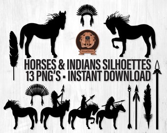 American Indian Silhouettes with Horses, Spears, Headdress and Feathers Indians Riding Horses Tribal Scrapbooking - Collage Sheet Included