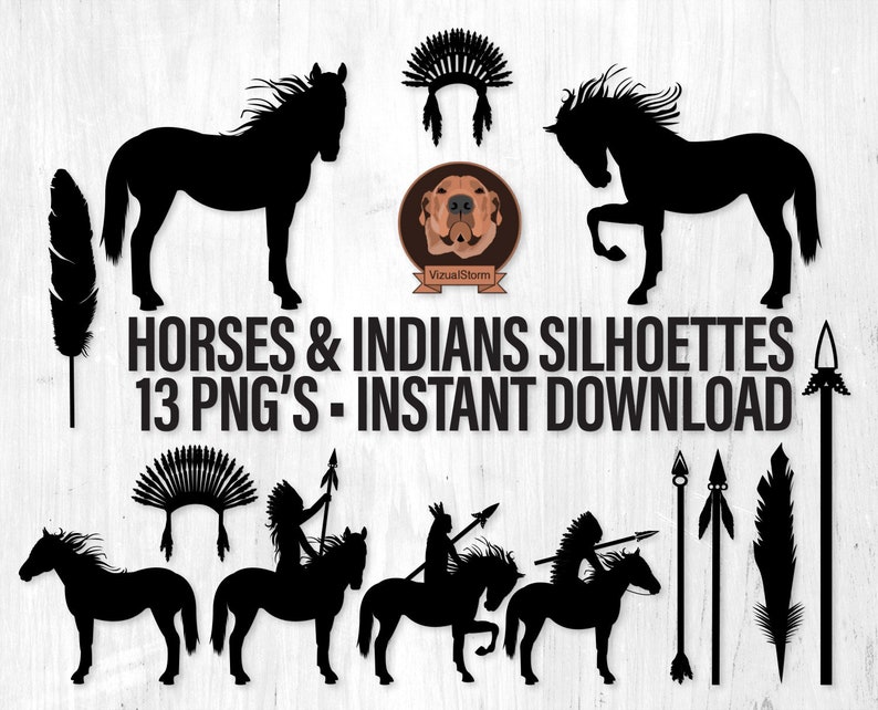 American Indian Silhouettes with Horses, Spears, Headdress and Feathers Indians Riding Horses Tribal Scrapbooking Collage Sheet Included image 1