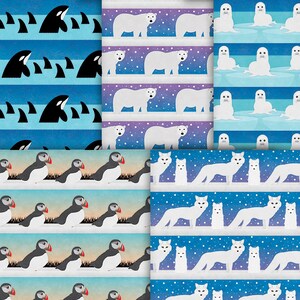 Printable Arctic Animals Digital Paper Handmade Antarctic Wildlife Scrapbooking Papers, Aurora Borealis Winter Christmas Patterns Jpg image 2