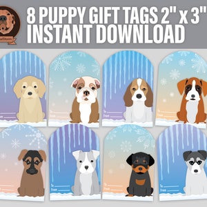 May include: Eight printable gift tags featuring different breeds of puppies in a wintery design. Each tag has a space for "To" and "From" and measures 2 inches by 3 inches.