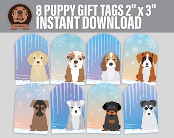 Diy Printable Christmas Puppy Gift Tags - Jpg Winter Pet Treat Hanging Tag Set, To and From, Hand Drawn Dogs in Snow, Snowflakes and Icicles