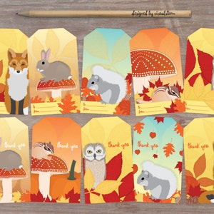 Autumn Woodland Gift Tags 10 Printable Fall Forest Tag Set, To/From and Thank You Fox Owl Squirrel Chipmunk 300dpi Jpg Collage Sheet image 1