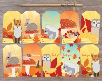 Autumn Woodland Gift Tags - 10 Printable Fall Forest Tag Set, To/From and Thank You - Fox Owl Squirrel Chipmunk - 300dpi Jpg Collage Sheet