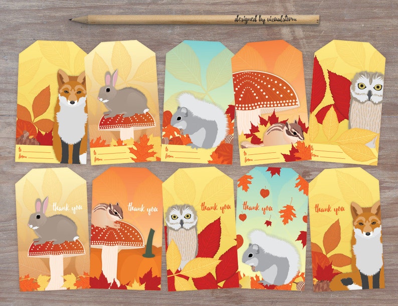 Autumn Woodland Gift Tags 10 Printable Fall Forest Tag Set, To/From and Thank You Fox Owl Squirrel Chipmunk 300dpi Jpg Collage Sheet image 1