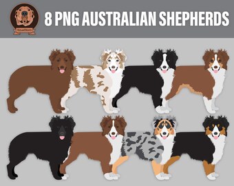 Australian Shepherd Clipart - Digital Png Dog Breed Clip Art - Black, Red, Blue, Merle, Tricolor and Bicolor - Hand Drawn Illustrations