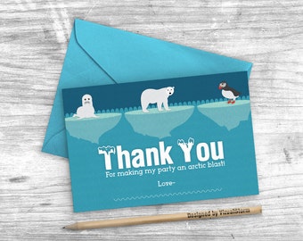 Arctic Animal Thank You Card - Polar Bear Seal and Puffin on Icebergs Printable Arctic Animal Birthday Party Themed Card - INSTANT DOWNLOAD