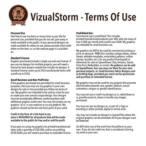 May include: A document outlining the terms of use for VizualStorm graphics. The document covers personal use, standard license, small business and non-profit use, and prohibited use. It also includes information about credit requirements and extended licenses.