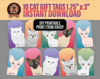 Diy Cat Gift Tags With Thank You and To/From - Printable Pet Treat Labels With Popular Breeds, Colorful Kitties Gift Wrapping Printable