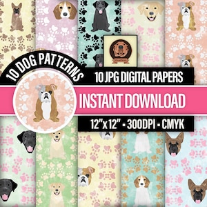 Hunde und Pfotenabdrücke Digitales Papier - Printable Haustier Scrapbooking Muster, Labrador Retriever, Amerikanische Bulldogge, Beagle und Schäferhund