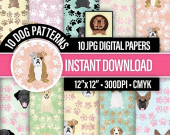 Dogs and Paw Prints Digital Paper - Printable Pet Scrapbooking Patterns, Labrador Retriever, American Bulldog, Beagle and German Shepherd