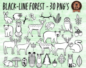 Forest Doodles Clipart Bundle - Black & White Plants and Animals For Coloring, PNG Wildlife Outlines, Hand Drawn Digital Woodland Critters