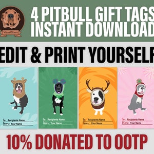 Handmade printable and editable Pitbull gift tags each illustrations is based on a rescue Pitbull