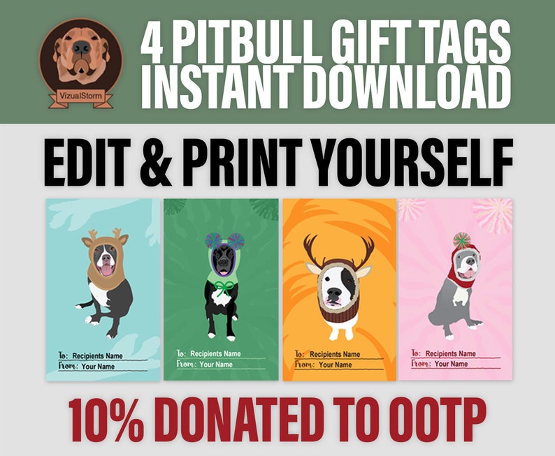 Handmade printable and editable Pitbull gift tags each illustrations is based on a rescue Pitbull