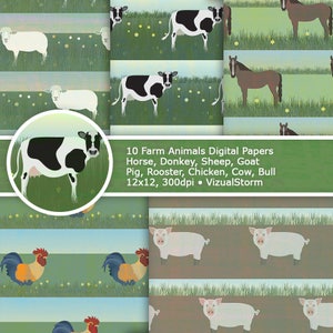 Farm Animals Digital Paper Printable Vegan Craft Patterns, Scenic Grasslands and Meadows, Farming Life Scrapbooking, Barnyard Designs image 2