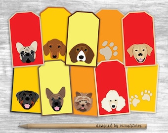 Dog Gift Tags - Dog Breed Faces Party Favors for Dog Treat Labels and Gift Wrapping Printable Pet Heads Paw Prints Tag - INSTANT DOWNLOAD