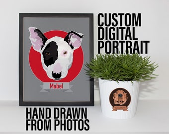 May include: A custom digital portrait of a dog named Mabel. The portrait is hand-drawn in a cartoon style and features a white and black bull terrier with pink ears. The portrait is framed in a black frame and has a red background with the dog's name written in white below.