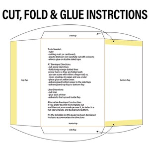 May include: A diagram showing how to cut, fold, and glue an A7 envelope. The diagram includes instructions for tools needed, envelope directions, and liner directions. The text includes the words "cut along black lines", "fold along orange dotted lines", "place glue on yellow areas", and "adhere glued top flap to bottom flap".
