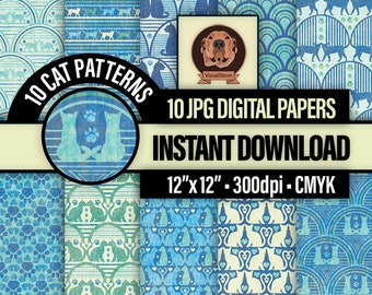 Whimsical Cat Digital Paper - Geometric Pet Patterns, Whimsy Animal Scrapbook, Cat Mom Card Making, Kitten Crafts, Paw Prints, Heart Designs