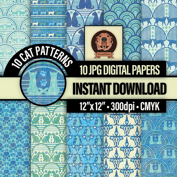 Whimsical Cat Digital Paper - Geometric Pet Patterns, Whimsy Animal Scrapbook, Cat Mom Card Making, Kitten Crafts, Paw Prints, Heart Designs