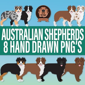 Australian Shepherd Clipart Bundle - Digital Png Dog Artwork in Multiple Colors - Black, Red, Blue, Merle and More - Hand Drawn Graphics