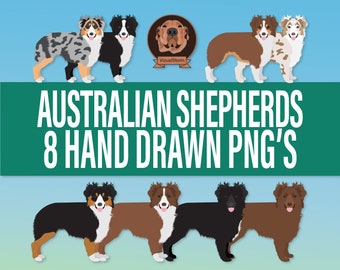 Könnte beinhalten: Acht handgezeichnete Illustrationen von Australian Shepherds in verschiedenen Farben und Posen. Die Hunde sind alle nach vorne gerichtet und haben die Zunge herausgestreckt. Die Illustrationen sind im Cartoon-Stil gehalten und vor einem blauen Hintergrund angeordnet.