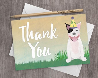 Birthday Pitbull Thank You Card - Dog Wearing Party Hat Smiling Staffordshire Terrier DIY Pet Printable Thank You Note - INSTANT DOWNLOAD