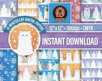 May include: Ten digital papers featuring winter cat designs. Each paper is 12 inches by 12 inches and has a different cat breed and color. The papers have a watercolor effect and feature snowflakes and pine trees.
