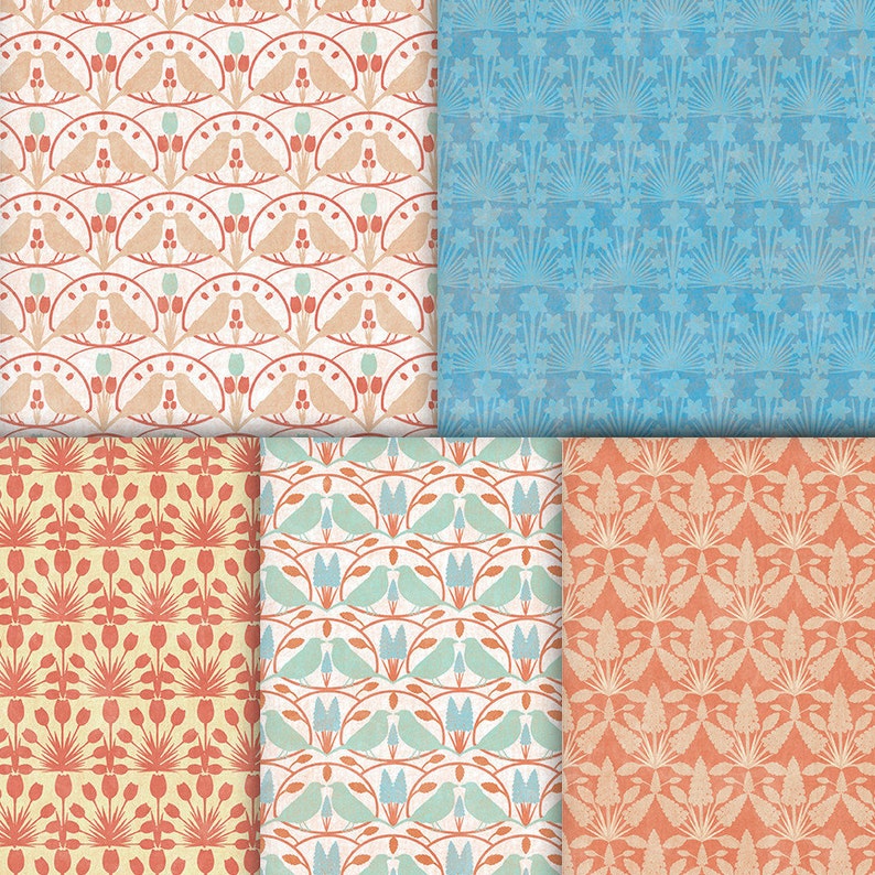 K&ouml;nnte beinhalten: Ein Set aus sechs digitalen Papiermustern mit sich wiederholenden geometrischen Designs in Blaut&ouml;nen, Orange und Beige. Die Muster beinhalten V&ouml;gel, Blumen und abstrakte Formen.