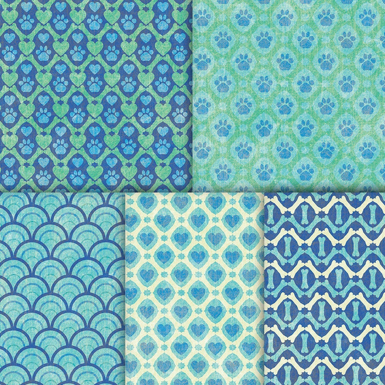 May include: A set of six digital paper patterns featuring blue and green colors with various designs including paw prints, hearts, bones, and scales.