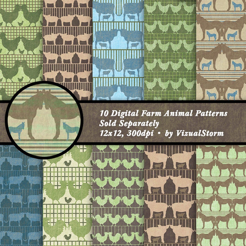 Farm Animals Digital Paper Printable Vegan Craft Patterns, Scenic Grasslands and Meadows, Farming Life Scrapbooking, Barnyard Designs image 9